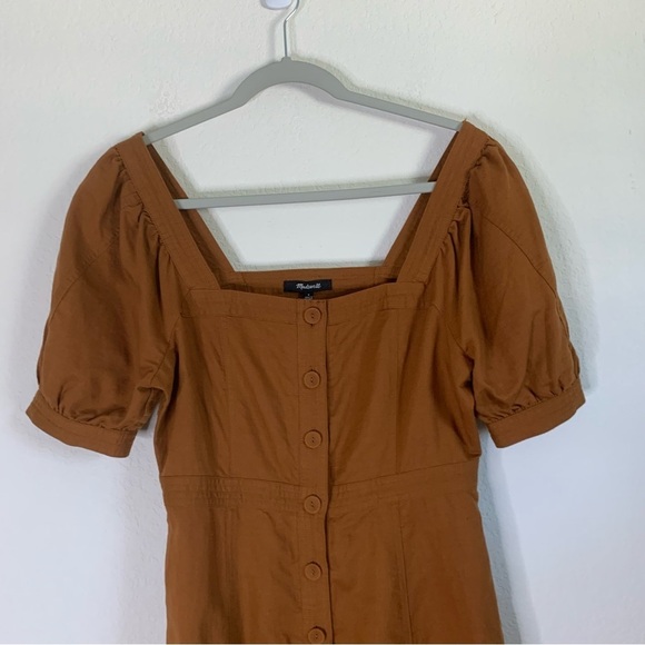Madewell womens puff sleeve midi dress warm coffee brown linen blend 4 NEW - Picture 3 of 10